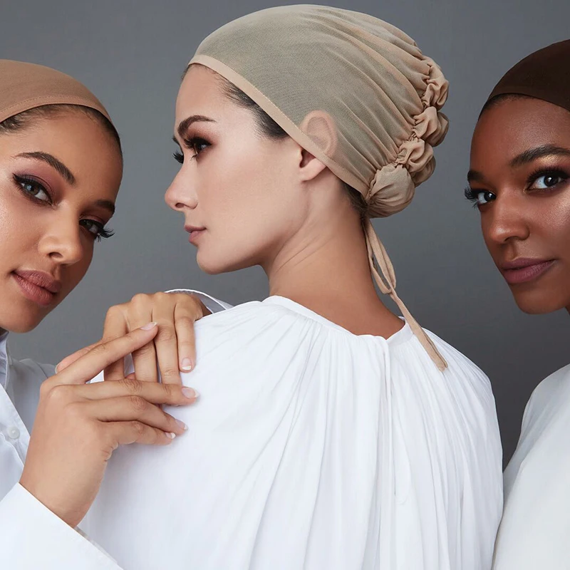 

New Plain Fine Mesh Underlay Hat for Women Turban Breathable Elastic Islamic Cap Drawstring Inner Hijab Hat Beauty Salon Use New