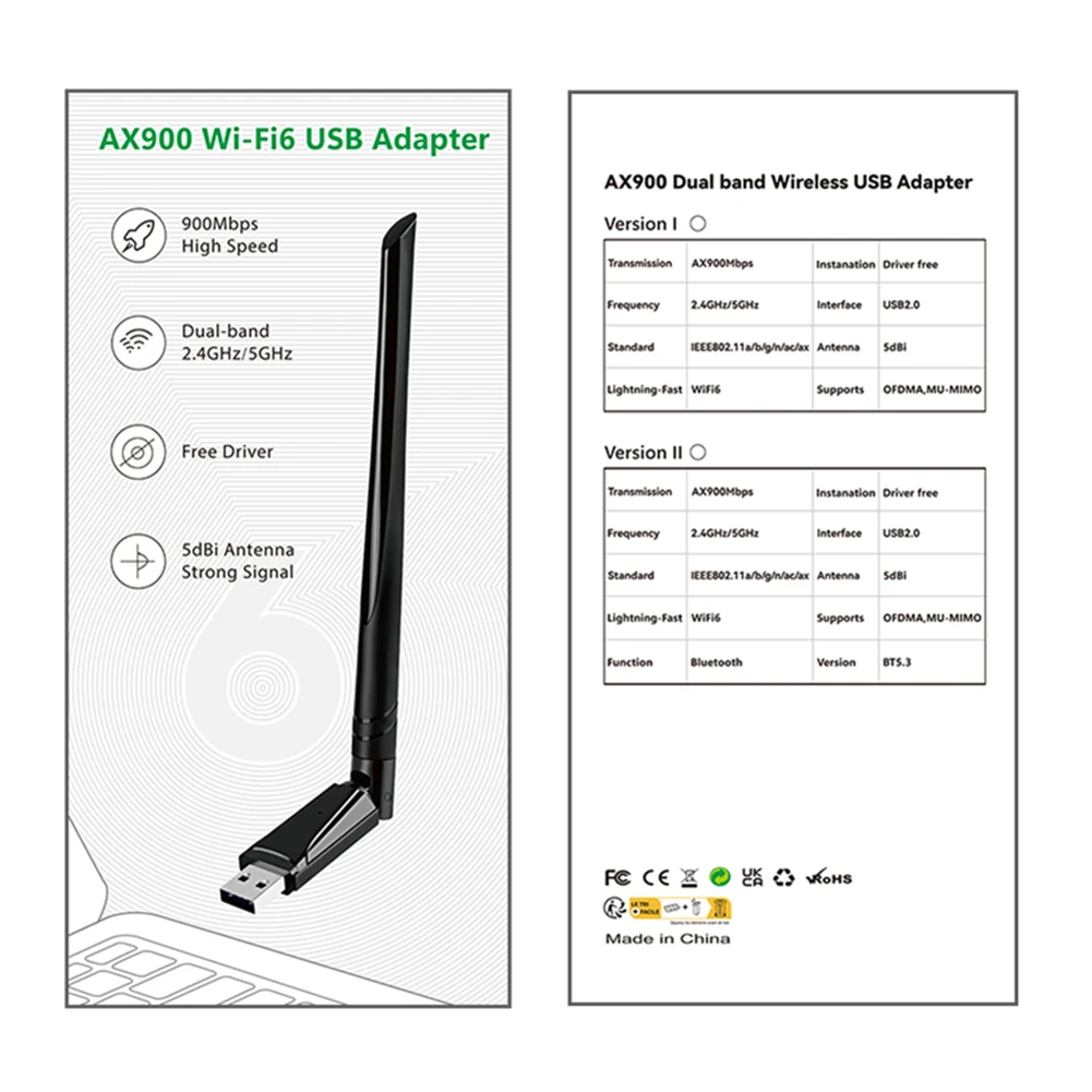 AX919 900mbps USB 블루투스 5.3 와이파이 어댑터, PC BT 와이파이 6 2.4G 5G 5dbi 동글 USB 무선 와이파이 리시버, 2 인 1