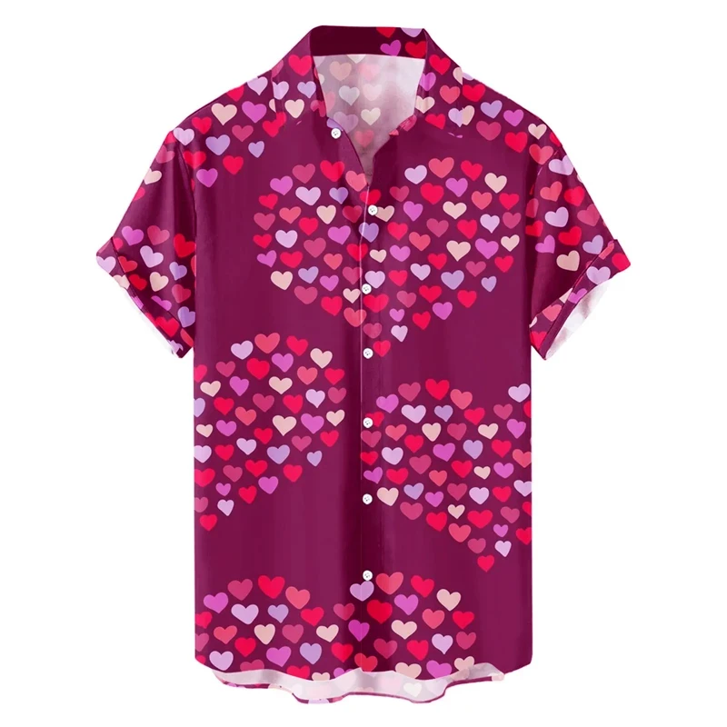 Camisa con estampado de corazón y amor para hombre, blusa de manga corta abotonada de verano, ropa para el día de San Valentín, vestidos de fiesta sociales, tops