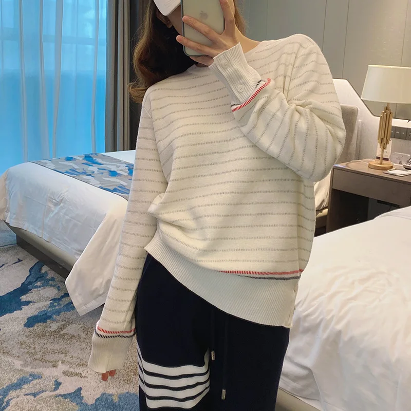 

High Quality Korean TB Academic Knit Dotted Stripe Contrast Loose Casual Versatile V-neck Pullover Long Sleeve Top Autumn Women