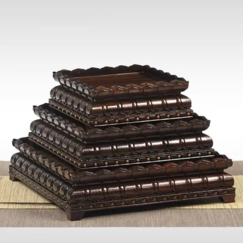 Redwood Carved Avalokitesvara Buddha Statue, Lotus Flower Square Base, Black Sandalwood, Rectangular Solid Wood Base