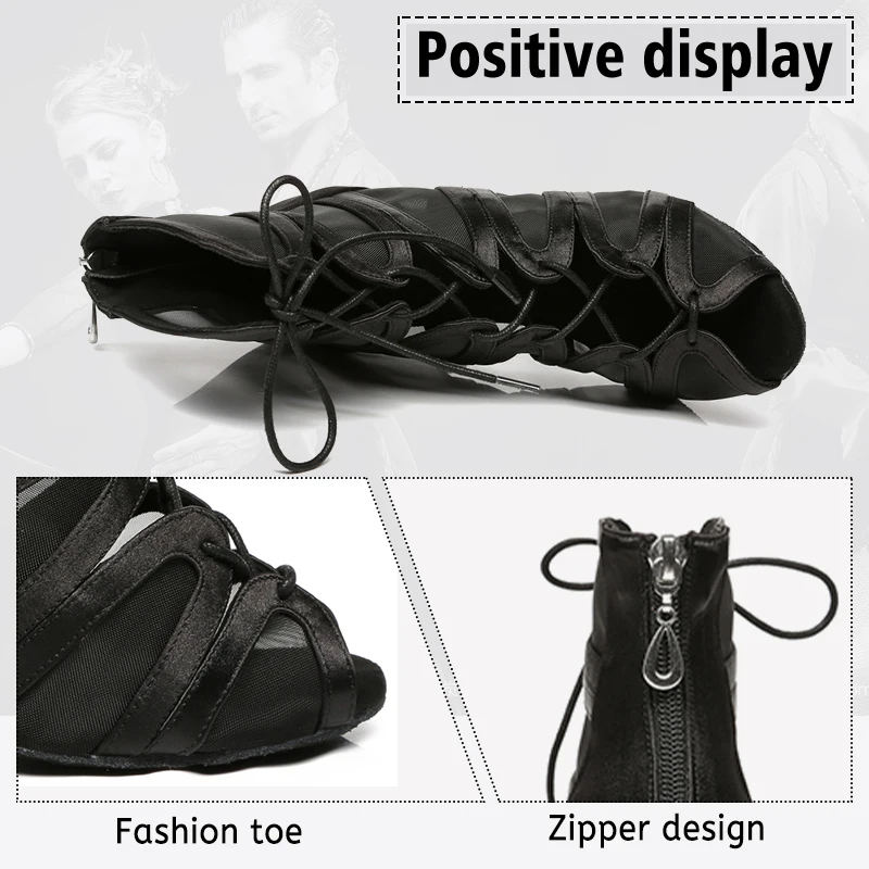 DKZSYIM Black Mesh Latin Dance Shoes Women/Ladies Ballroom Lace-Up Dance Boots Soft Suede Fashion Dance Shoes High Heels 6-10CM 2