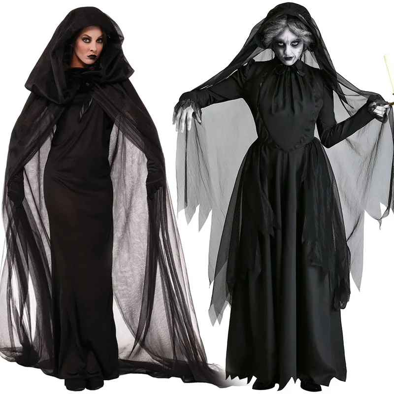 

2024 Vampire Cosplay Game Soft Costume Horror Demon Ghost Bride Black Gauze Dress Halloween Witch Cape Women Medieval Witch Veil