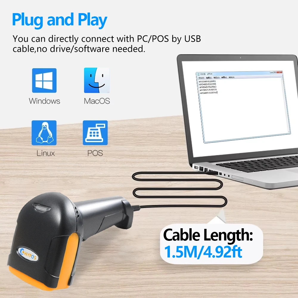 1680S USB 2D Barcode Scanner,Wired Automatic QR Code Scanner with Long USB Cable for POS Mobile Payment,Supermarket,Warehouse