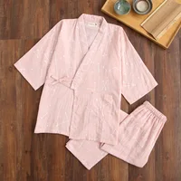 2025 new seven-sleeve Japanese-style kimono pajamas set female spring and autumn 100% cotton gauze home clothes cute sweet two-p - Image 2
