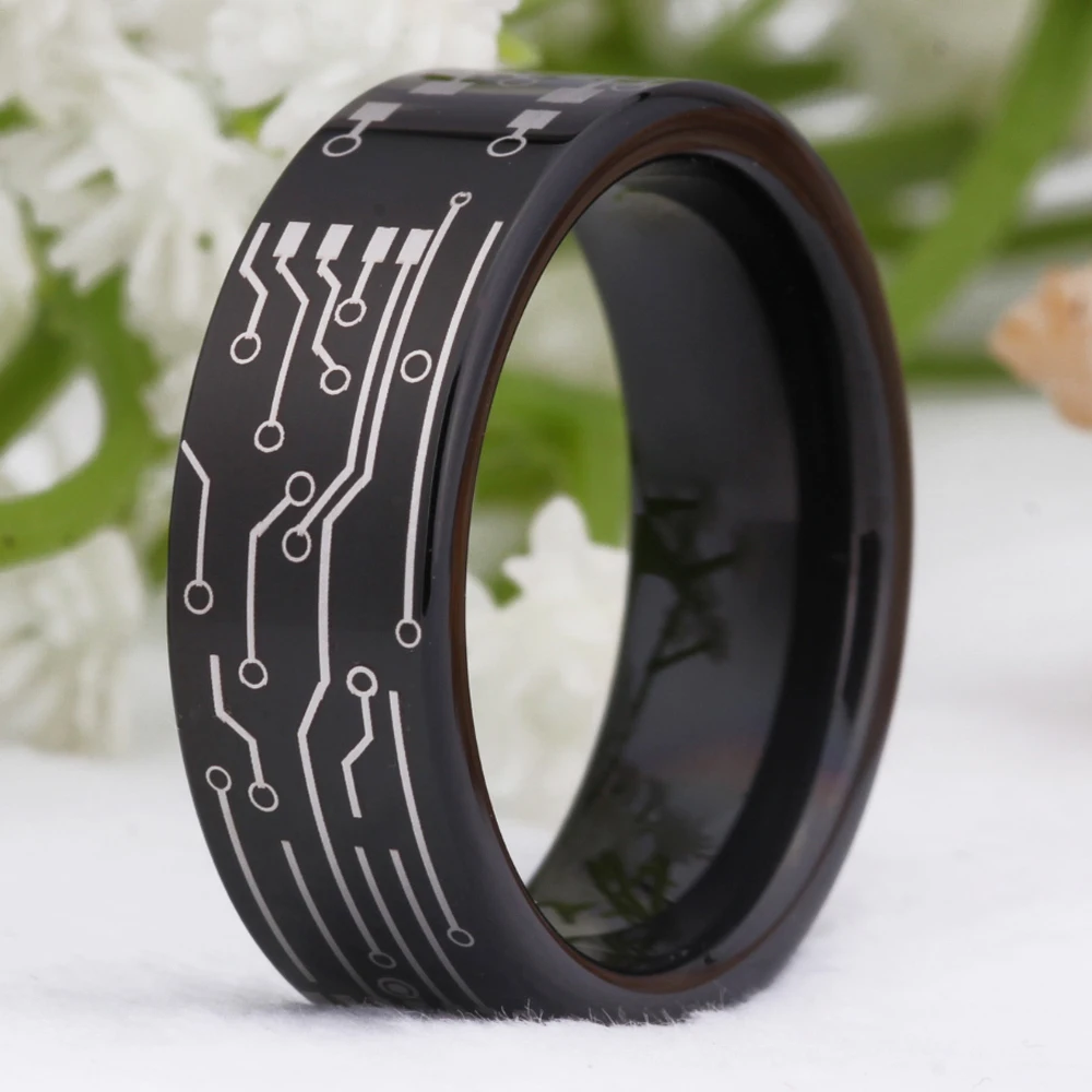 Circuit Board Ring Circuit Board With Power Button Wedding Band Tungsten PC Board Ring Wooden Inner Nerd Gift Anniversary Ring