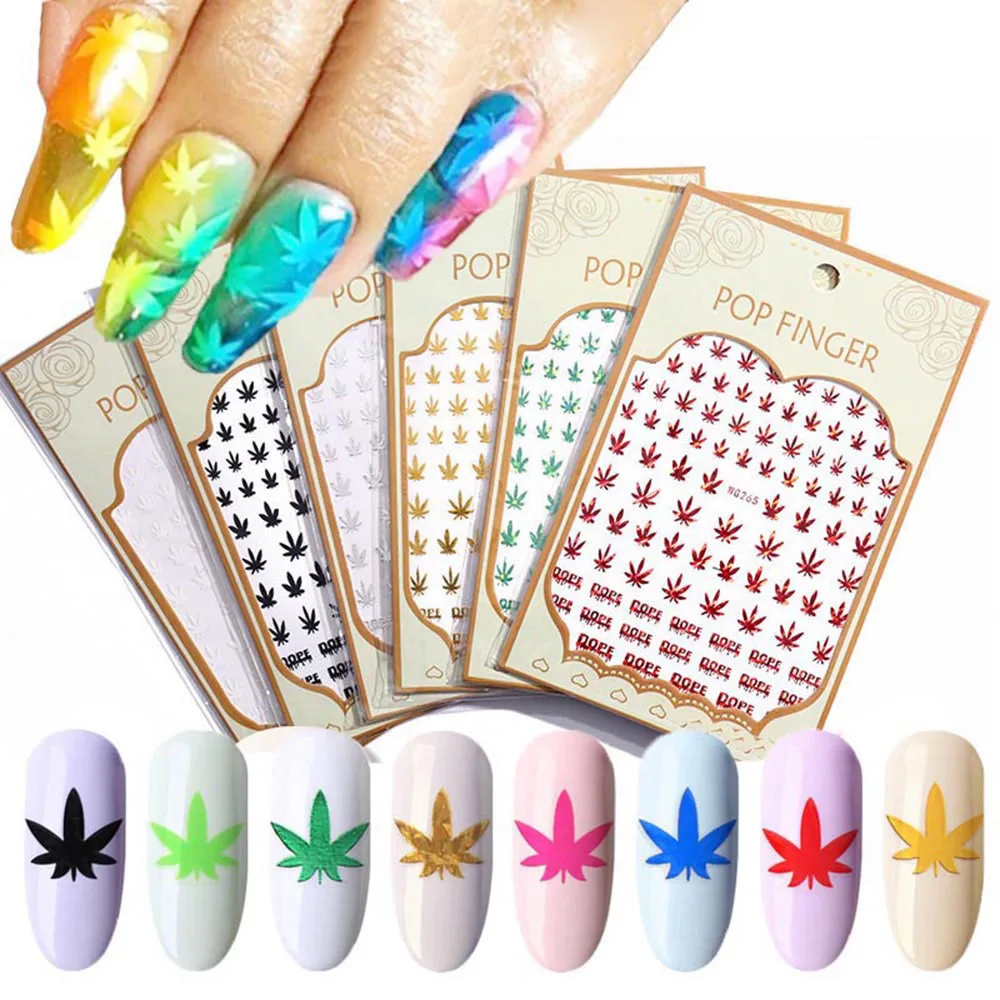 Holographic Girls Mixed DIY Nail Tips Acrylic Manicure Decoration Self Adhesive Nail Stickers Weed Leaf Designs 5