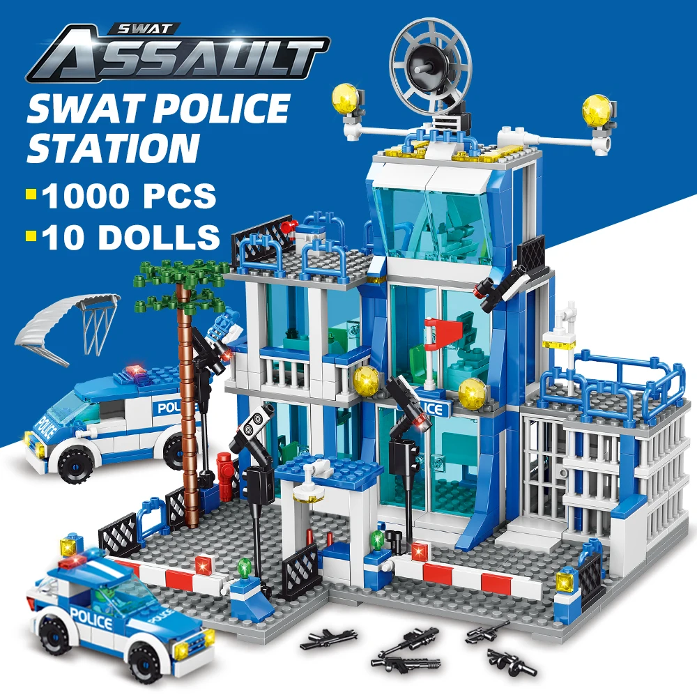 SWAT Police Station Military City Model Set Prison Car Policeman Boat Figures Mo