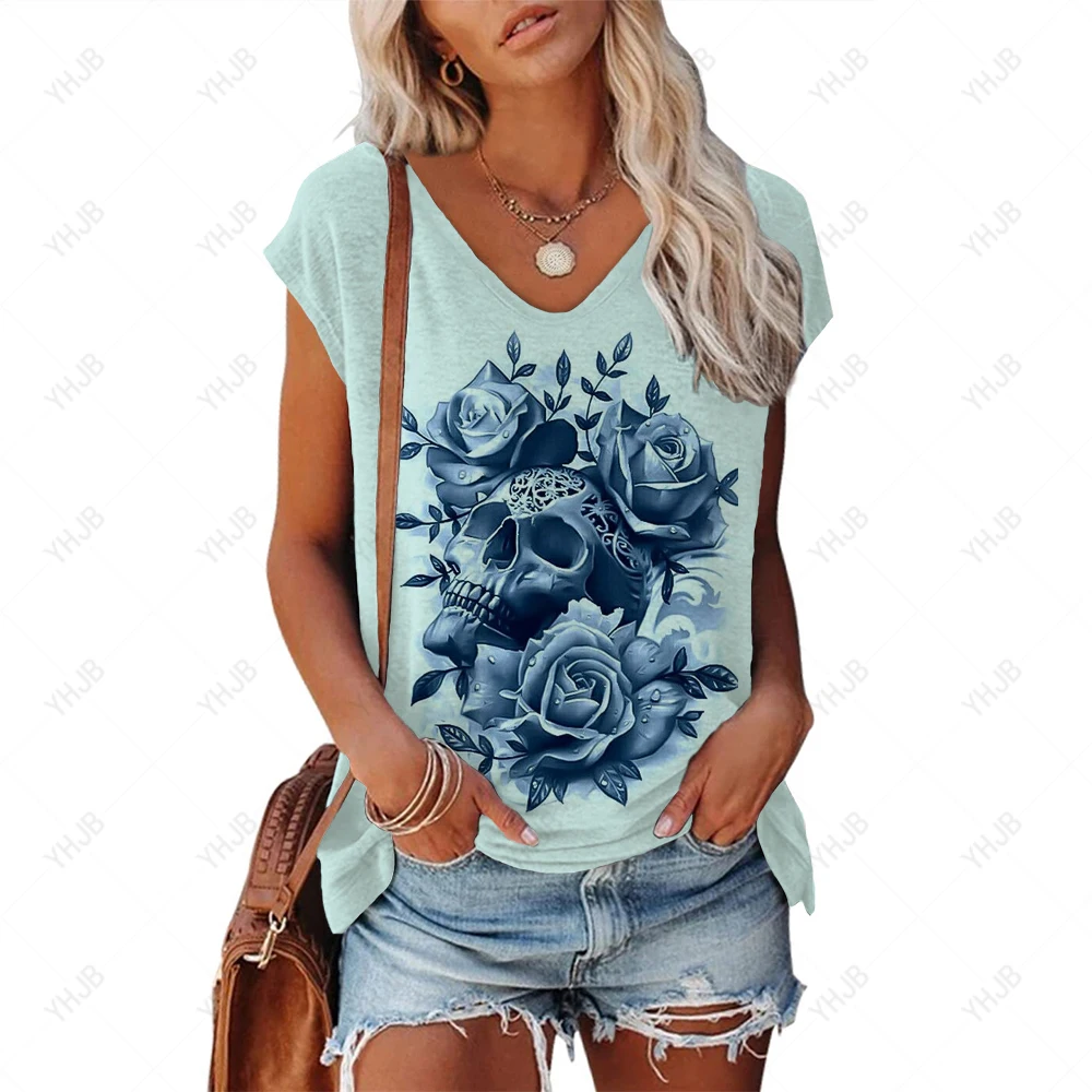 

Fashion Skull T Shirt Women V Neck Short Sleeve Tee Funny Summer Short Sleeve Top Clothes Street Hip Hop Pullover Girls T-shirt