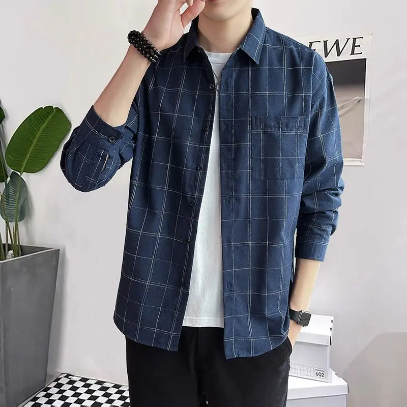 thumbnail image 1 of Camisa y blusa para hombre, manga larga, para hombre, con bolsillo, a cuadros, marca barata, botones, ropa de lujo original, estética social, cuello, 1 of 5