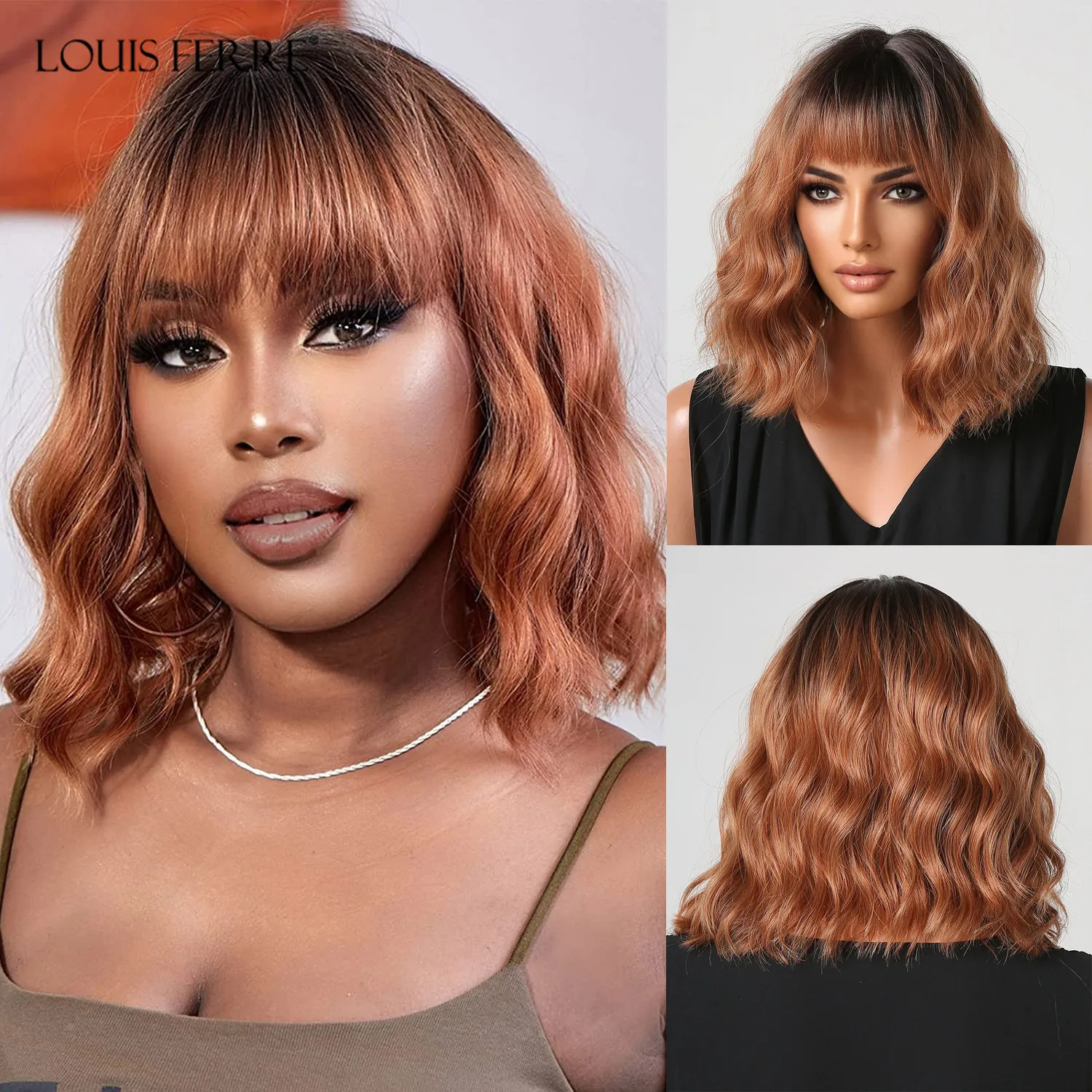 LOUIS FERRE Ombre Brown Body Wave Wig for Women Short Auburn Orange Wigs with Bangs Brown Natural Shoulder Length Bob Daily Hair