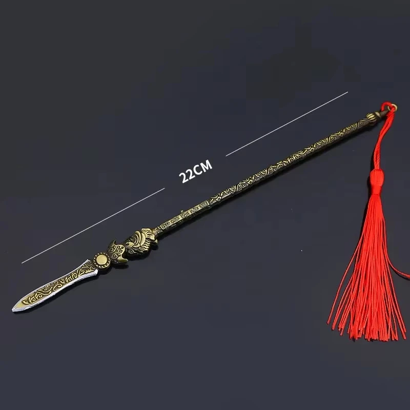 22cm Gold Spear Full Metal Lance Ancient Cold Weapon Model Ornament Toys for Men Boy Child Replica Miniatures With Fringe