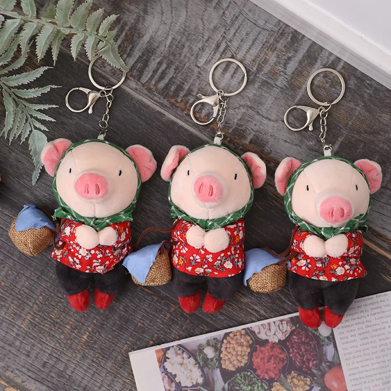 

14cm Cute Funny Folk Style Pig Plush Keychain Soft Lovely Cartoon Piggy Plush Toy Ornament Stuffed Animal Doll Key Ring