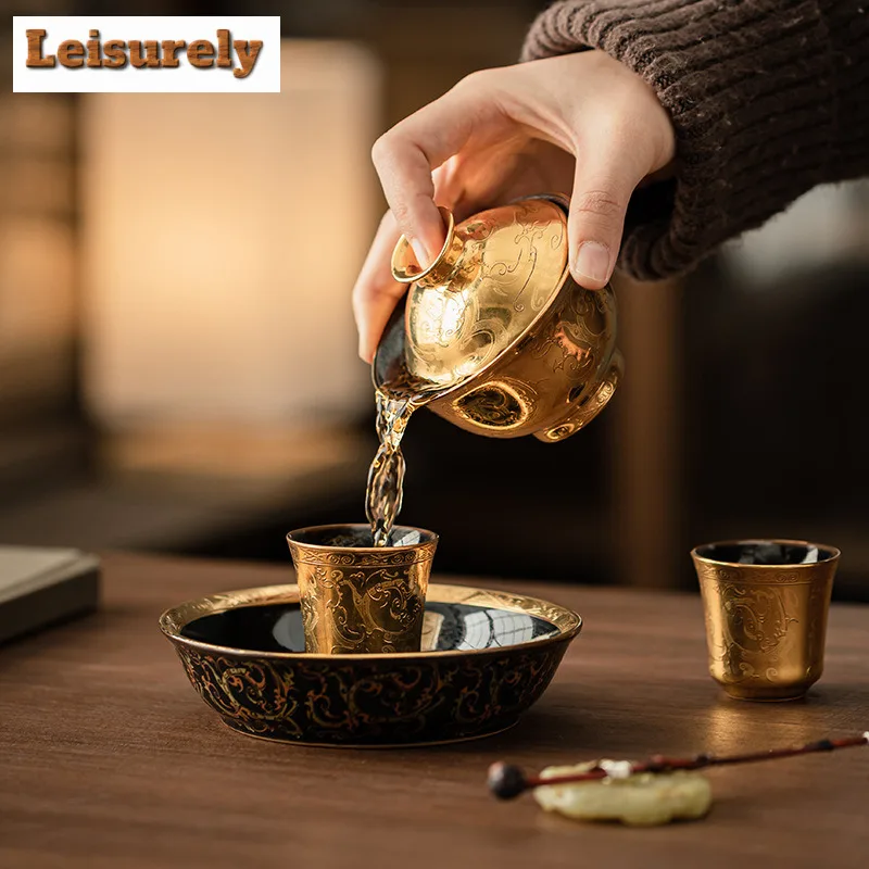 Gilded Chi Long Pattern Tea Set Complete Set Vintage Tea Ceremony Set Tea Maker Teapot And Tea Cup Set Cafes Supplies Ornaments