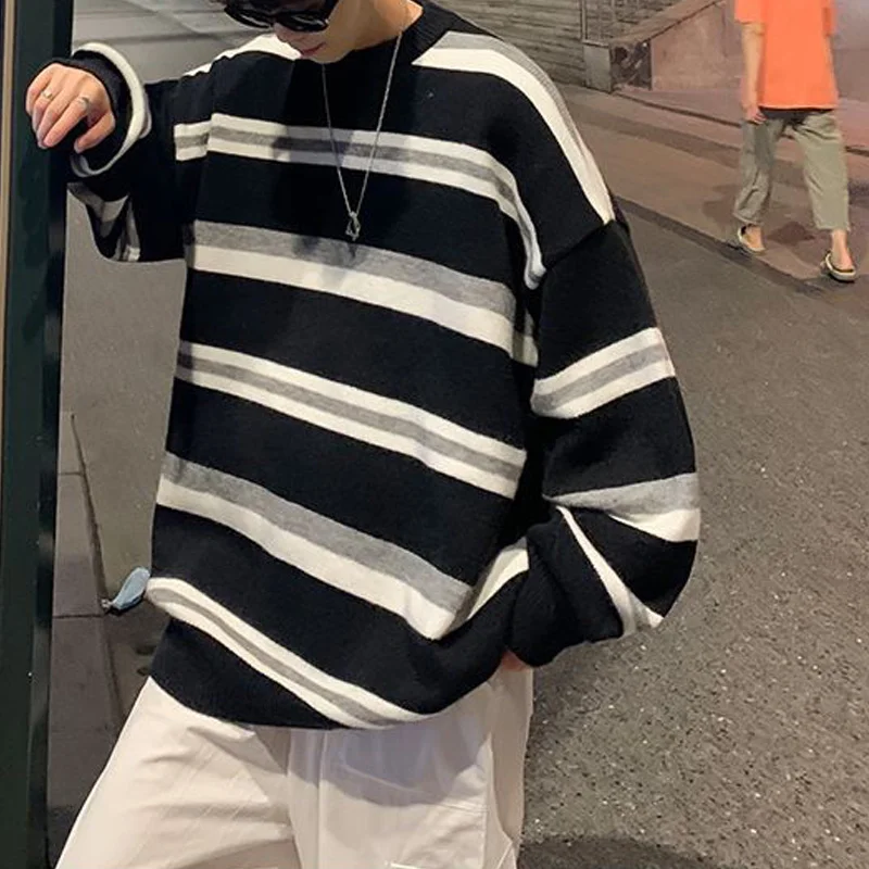 Moda masculina listrado coreano harajuku streetwear oversized