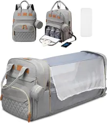 Versatile 3-in-1 Waterproof Diaper Bag Backpack with Foldable Baby Bed and USB Charging Port (Gray Type1 With Net)