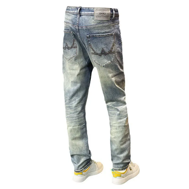 Italian Style Fashion Men Jeans High Quality Retro Blue Stretch Slim Fit Ripped Jeans Men Vintage Designer Casual Denim Pants