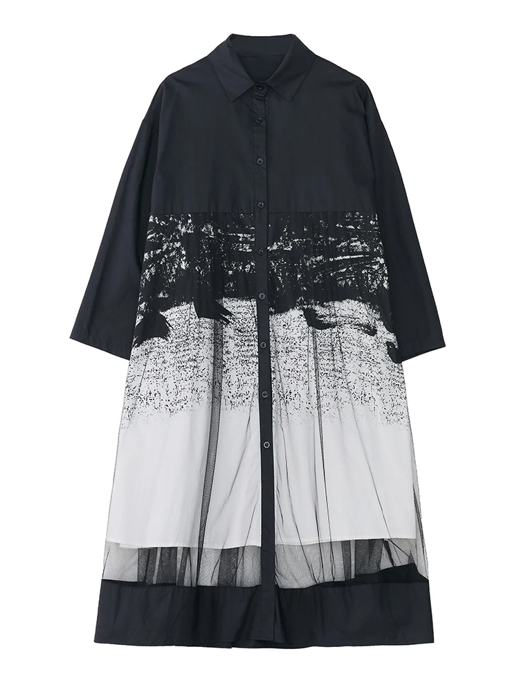 Mesh Patchwork Print Shirt Dresses For Women Long Sleeve Loose Casual Vintage Dress Fashion Elegant Clothing Spring Autumn 2025