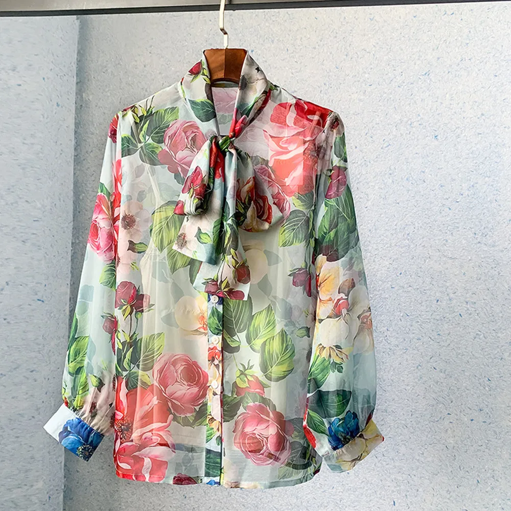 

2022 Spring Sweet Women's High Quality Floral Print Bowtie Chiffon Shirts C724
