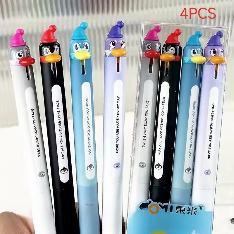 새로운 4Pcs 0.5mm 블랙 파인 포인트 개폐식 빠른 건조 부드러운 쓰기 펜 크리 에이 티브 펭귄 디자인 젤 펜 편지지