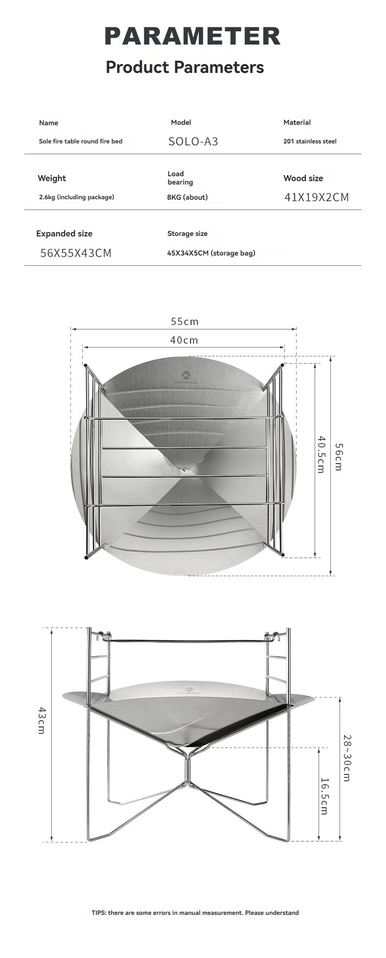 CAMPINGMOON SOLO-A3 Tragbarer Feuertisch aus Edelstahl mit verstellbaren Brüsten, faltbarer Camping-Grill, Kochen im Freien – Detail 16