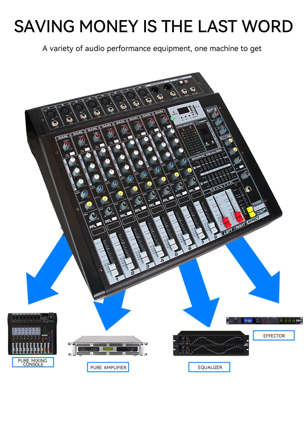 Table de mixage 8 canaux avec carte son mobile, réduction de bruit,  bluetooth 5.0, enregistrement interne yonis YONIS Pas Cher 