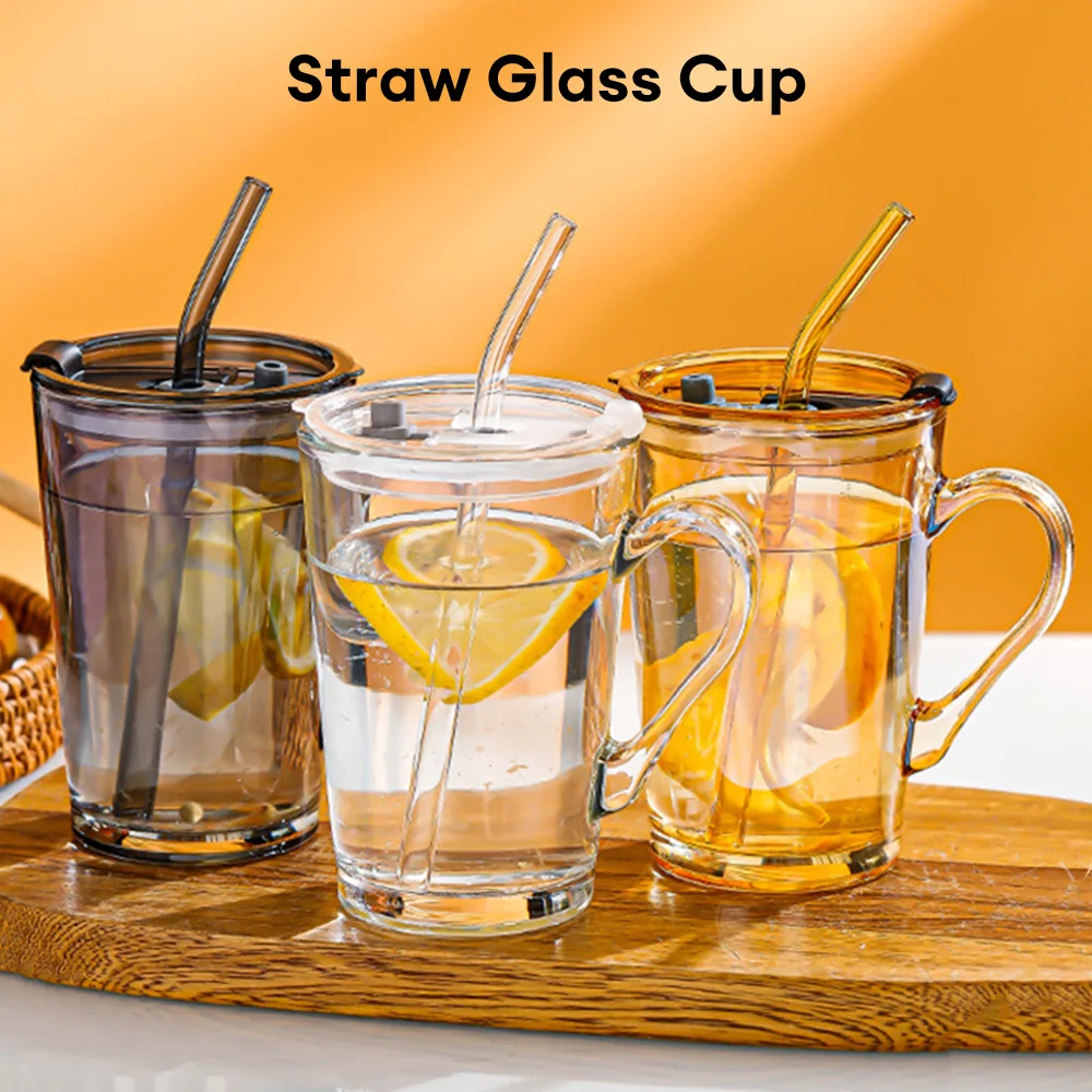 450ml Glass Water Cup With Straw Lid Large Fashion Coffee Tea Milk Juice  Breakfast Cups INS Simple Gasses For Drinks Bottle Gift