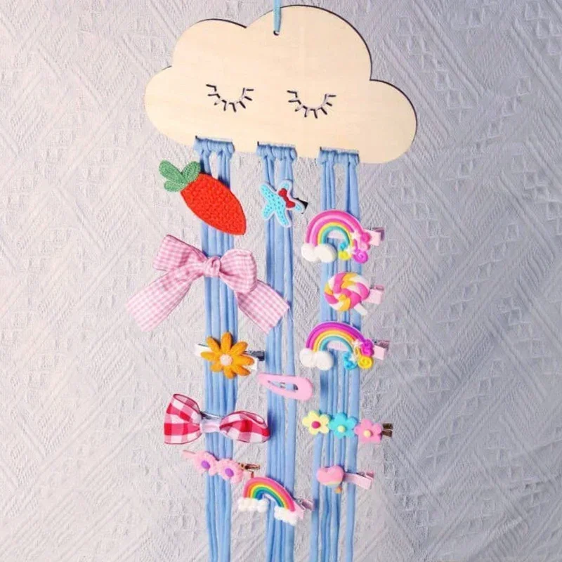 Nordic Style Solid Wood Cloud Accessories Storage Pendant with Multicolor DIY Bow Hairpin and Hair Band