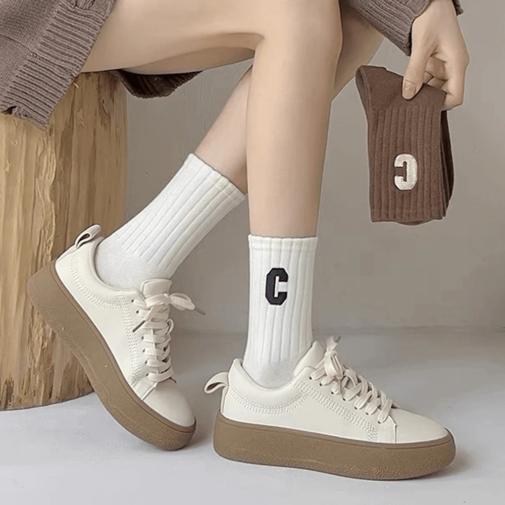 5pairs Winter Autumn Mid Calf Socks Letter Pattern Knitted Outdoor Sports Socks Men Women Breathable Warm Elastic Running Socks