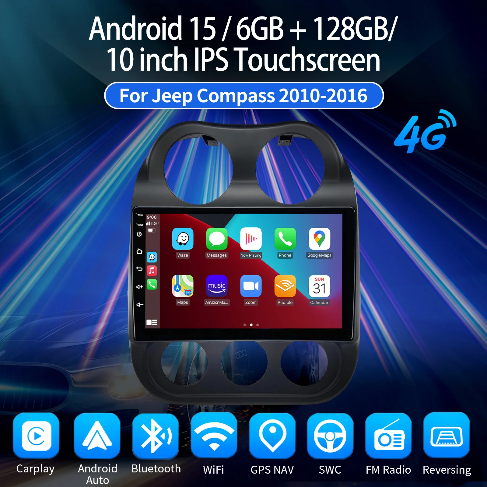 ESSGOO 10-Zoll Android 15 Kabelloses CarPlay für Jeep Compass Patriot 2010-16 Auto-Stereoanlage Radio GPS-Navigation FM BT RDS SWC WiFi Mirror Link – Detail 8