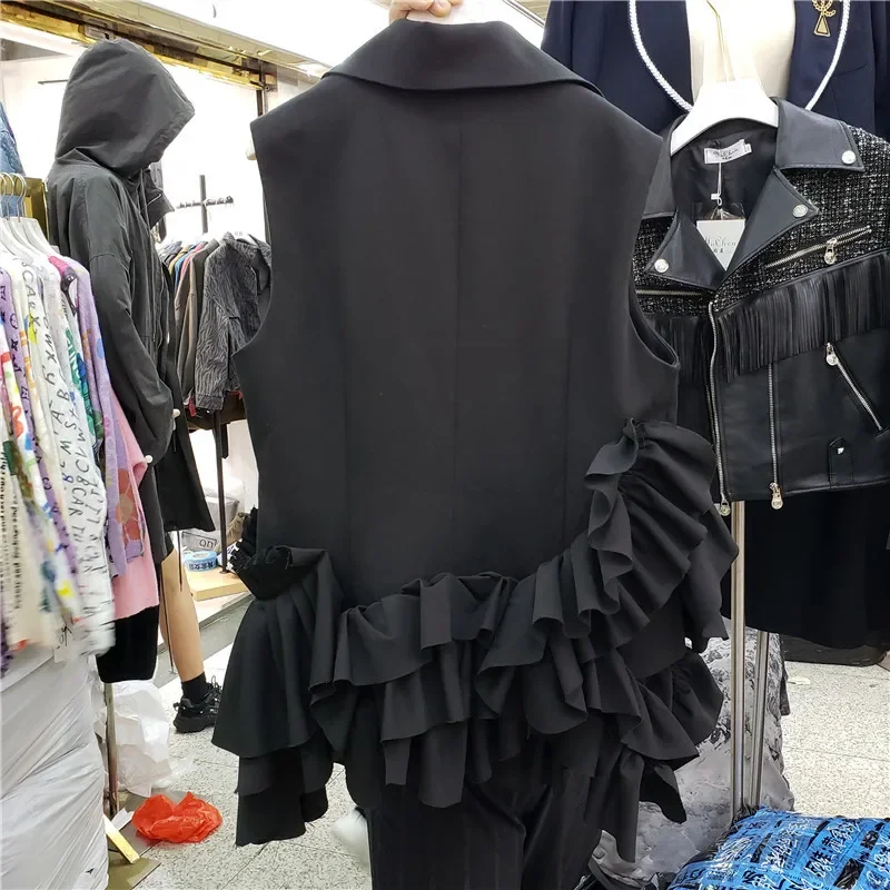 Women Spring Summer Irregular Layered Ruffles Vest Jacket OL Black Pleated Blazers Cardigan Ruched Waistcoat Outerwear Crop Tops