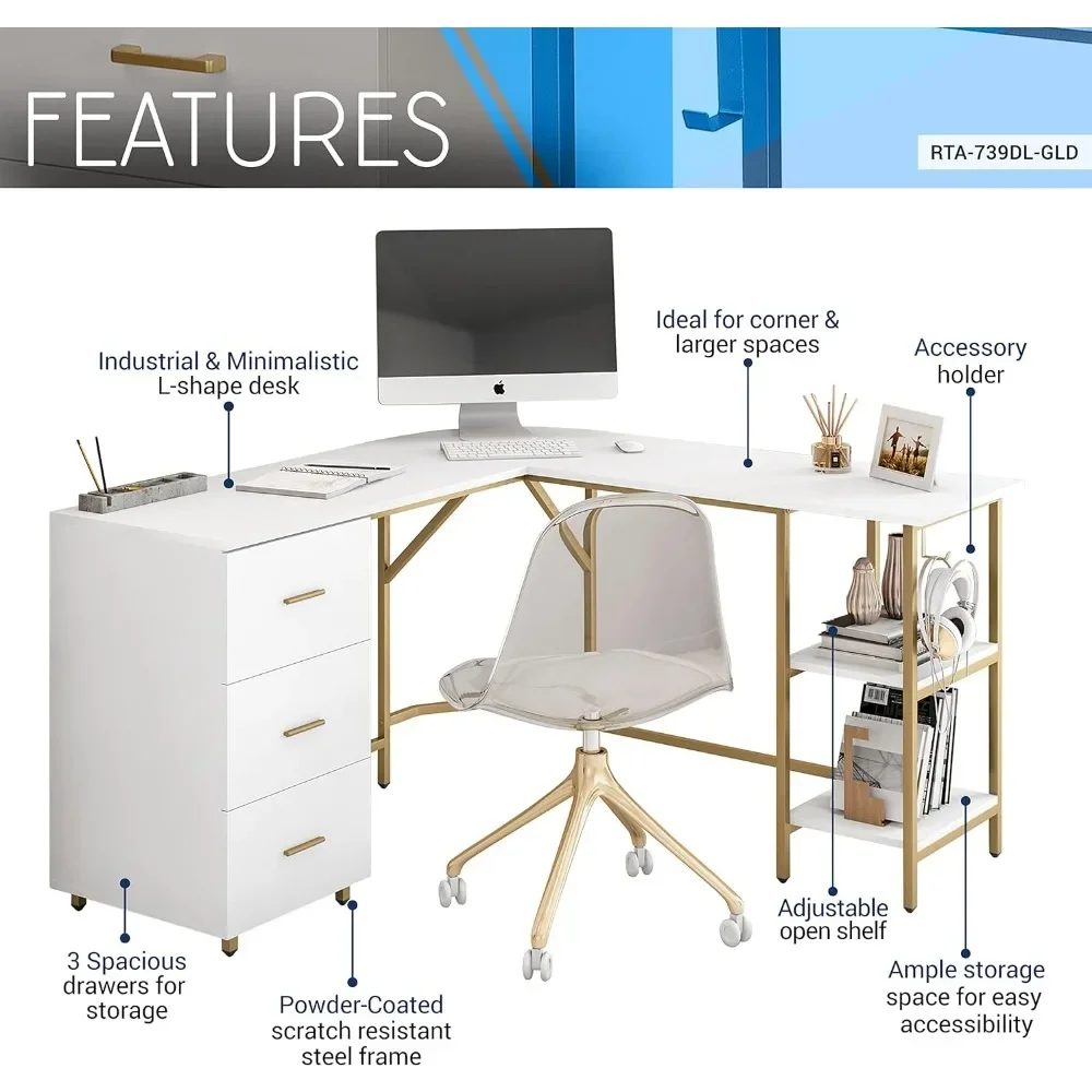 L Shaped Desk Two-Toned Computer Desk Drawers Storage Shelves Sturdy For Home Office Writing