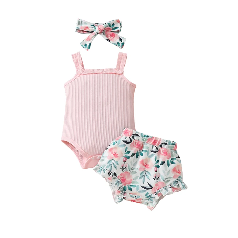 

Newborn Baby Girl Clothes Floral Sleeveless Romper Bodysuit Ruffle Bloomers Shorts Infant Summer Outfits Set