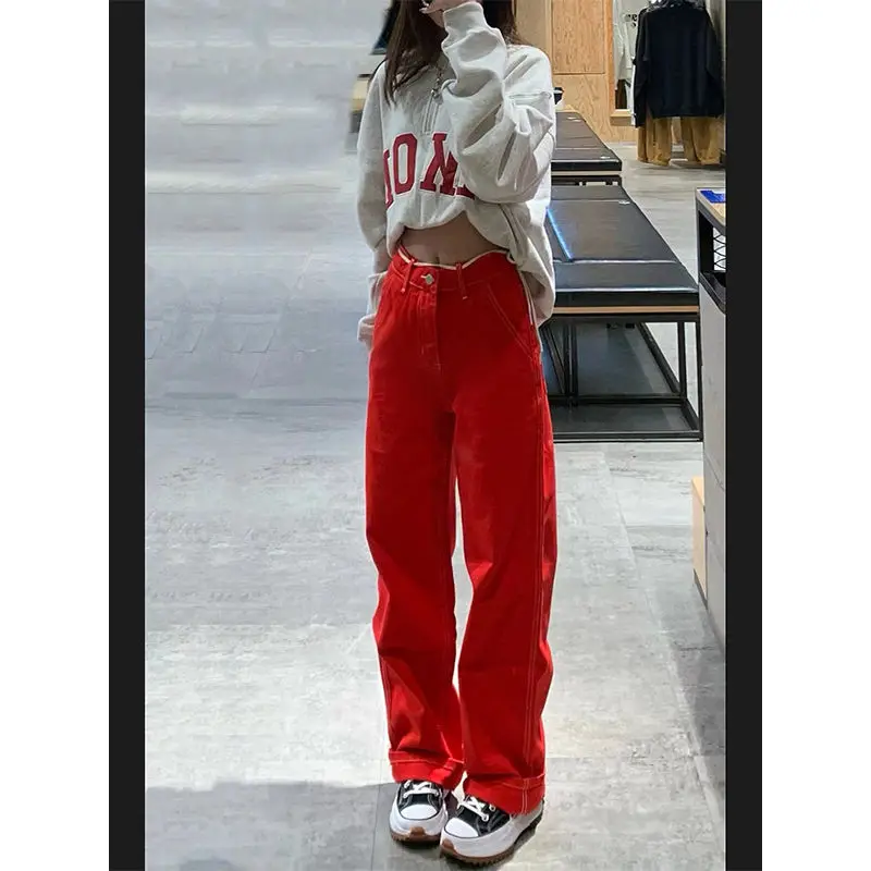 low rise jeans High Street Red Jeans Women's New Loose American Retro High Waist Wide Leg Straight Casual Pants cargo pants women jeans