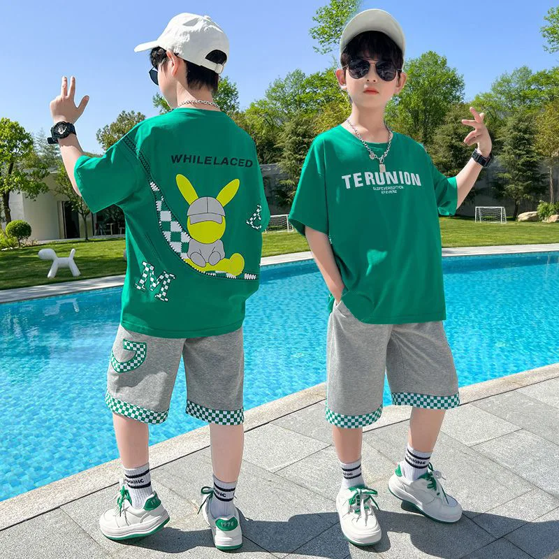

Summer Boys Cotton Alphabet Cartoon T-Shirt Tops+Patchwork Plaid Short Pant Suit School Kids Tracksuit Child 2PCS Outfit 5-14Yrs