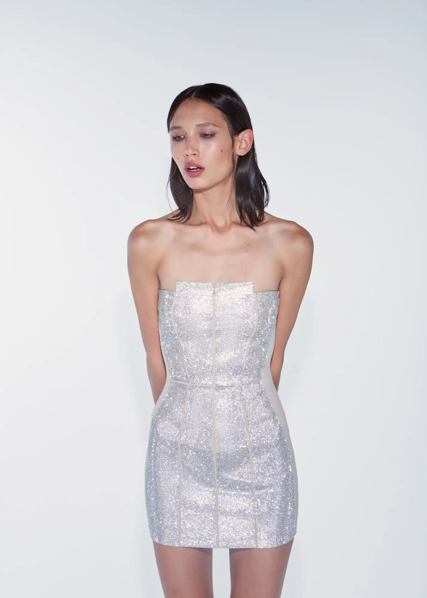

Women's Sleeveless Slim Fit Wrap Hip Mini Short Dress, Hot Silver Sexy Bra, Elastic Bandage Dress, Evening Prom Dress, Fashion