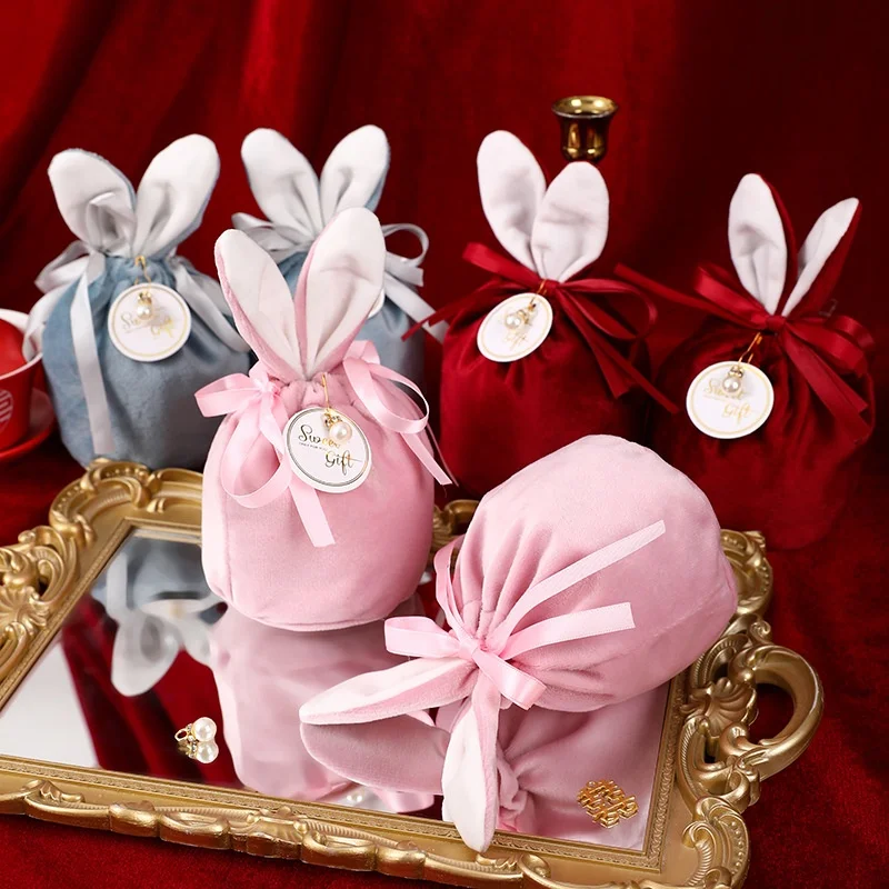 

party supplies 10pcs Wedding Easter candy box rabbit ears velvet souvenir candy children kids birthday party bag goodie bags