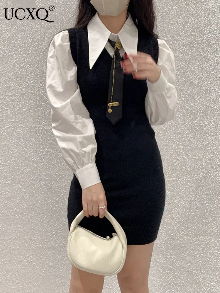 

UCXQ All-match Office Lady V-neck Sleeveless Knitted Dress Lapel Shirt With Tie Two Pieces Set For Women 2024 Spring Autumn 7535