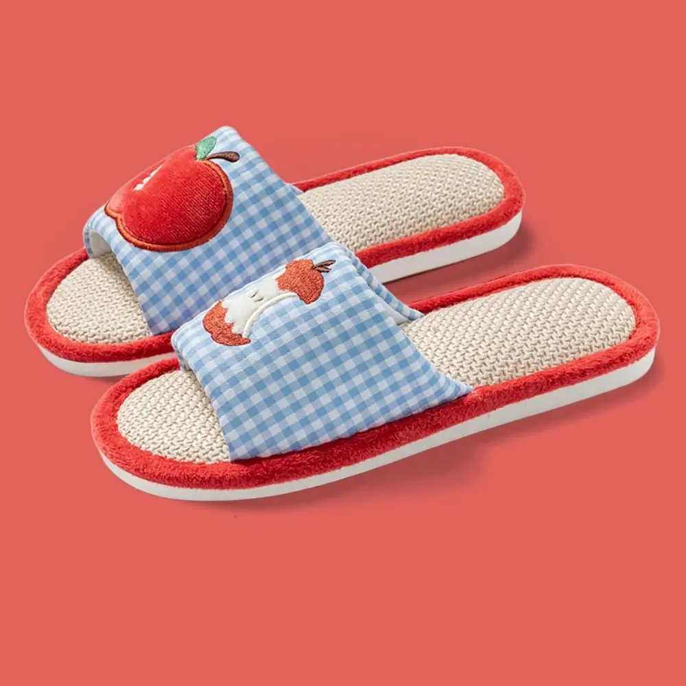 Bequeme Erdbeer-Hausschuhe aus Leinen, rutschfeste Gitterstreifen-Innenschuhe, weiche Leinensohle, süße Hausschuhe für Damen, Schlafzimmer – Detail 4