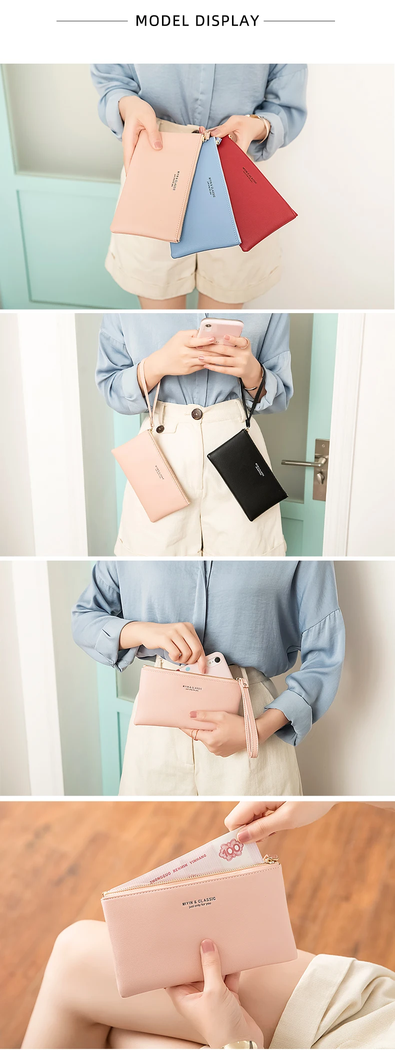 Einfache einfarbige dünne lange Brieftasche aus PU-Leder mit großer Kapazität und Reißverschluss, klassische Mode-Damenhandtasche, bietet Platz für Mobiltelefone – Detail 3