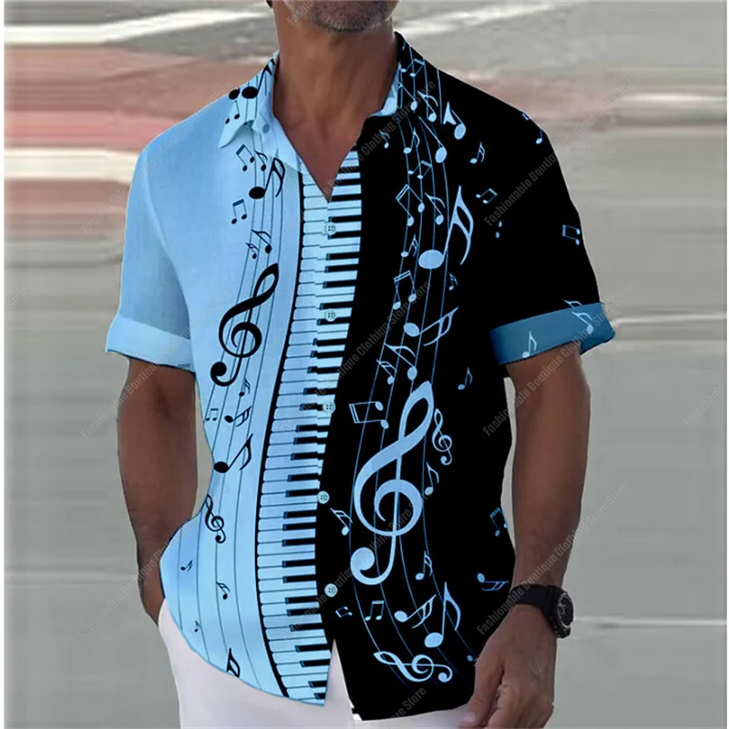 

Гавайская Мужская рубашка, музыкальная 3D печать, на пуговицах, модная летняя пляжная Повседневная рубашка с лацканами и короткими рукавами