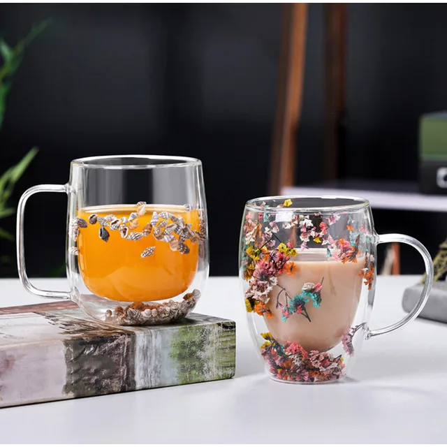 New Creative Double Wall Glass Mug Cup with Dry Flower Funny Transparent  Aesthetic Coffee Juice Milk Water Cup Personalized Gift