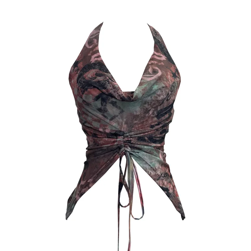 

Праздничный стиль, майка с лямкой на шее, пикантный топ с открытой спиной для музыкального фестиваля, сетчатый топ без рукавов