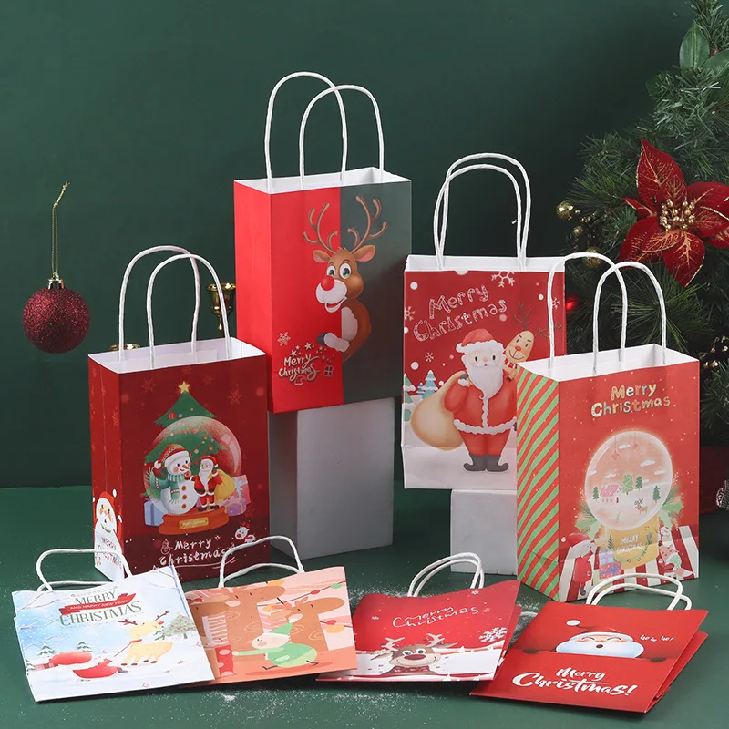 

10pcs Christmas Kraft Paper Bags Santa Claus Snowman Little Deer Holiday Xmas Party Favor Bag Candy Cookie Pouch Gift Wrapping