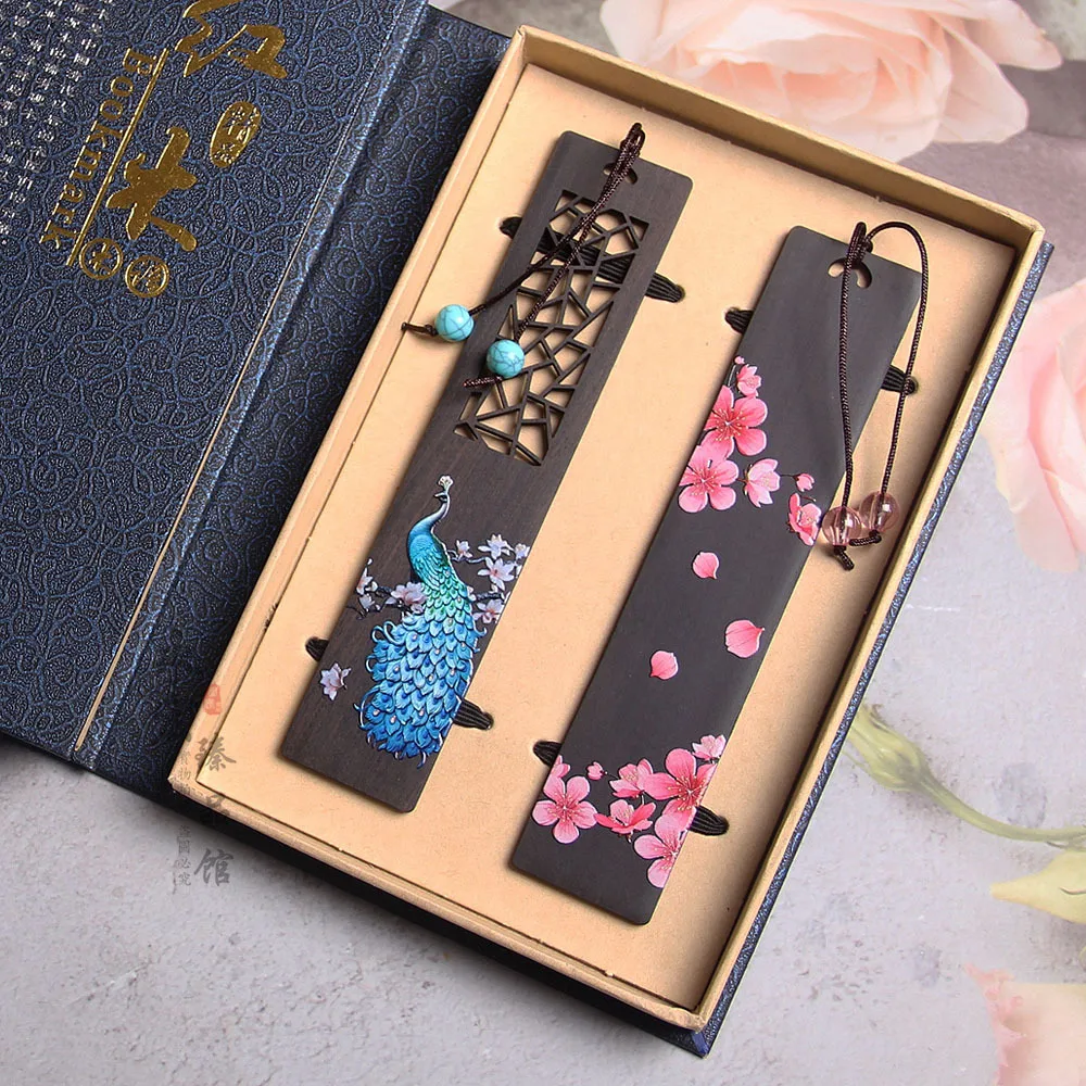 Ebony Bookmark Creative Cute Cherry Plum Blossom Book Accessories Student Reading Mark Tassel Pendant Book Page Clip Stationery floral painting bookmark,bookmarks stationery supplies