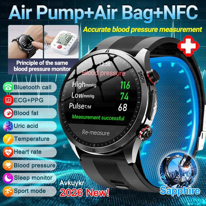 2026 New Air Pump Blood Pressure Accurate Measure Smart Watches Men Blood Fat Uric Acid BT Call Fitness Sports Airbag SmartWatch