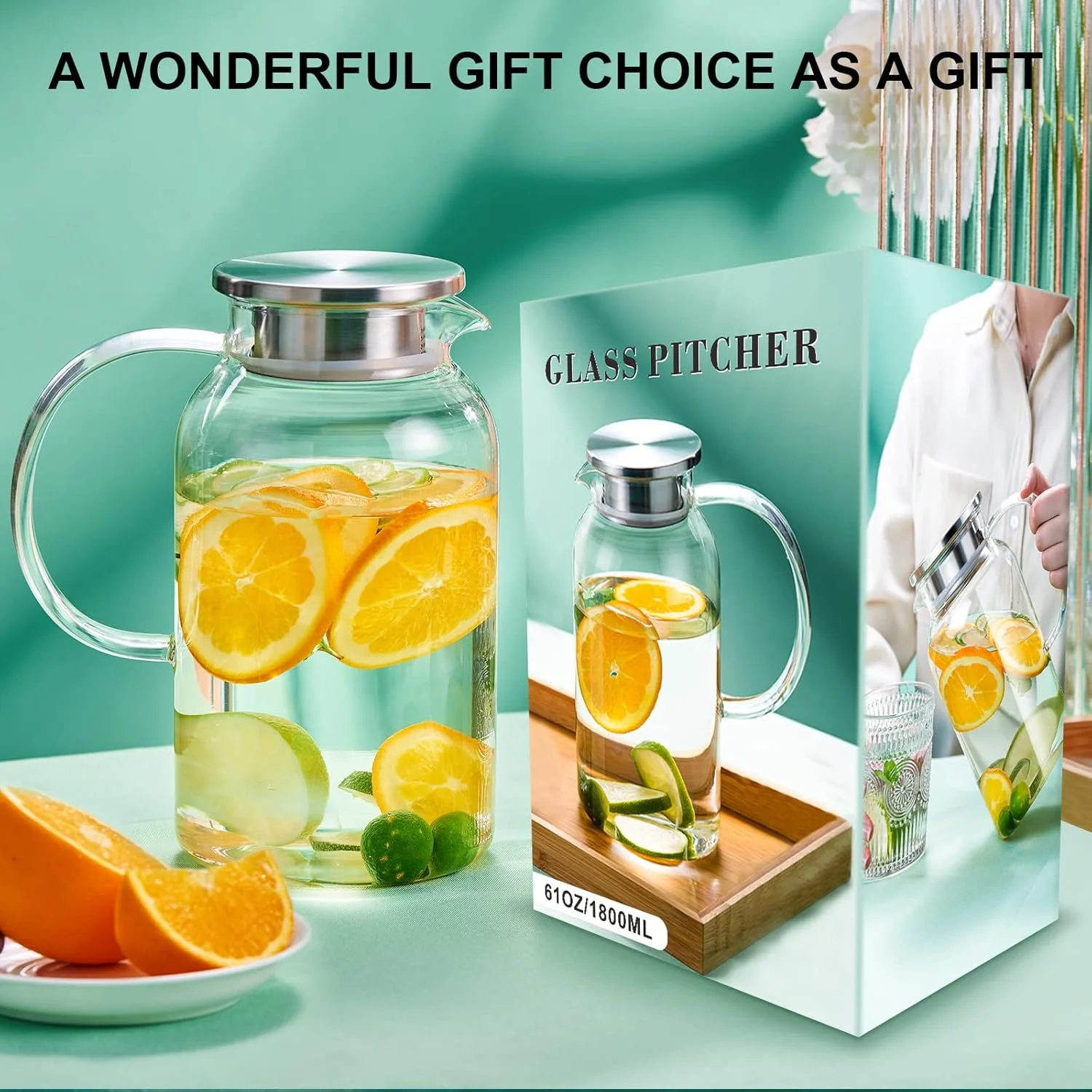 Glass Pitcher with Lid, Hot& Cold Glass Water Pitcher with Handle, Iced Tea Carafe for Coffee, Juice, Lemonade and Milk