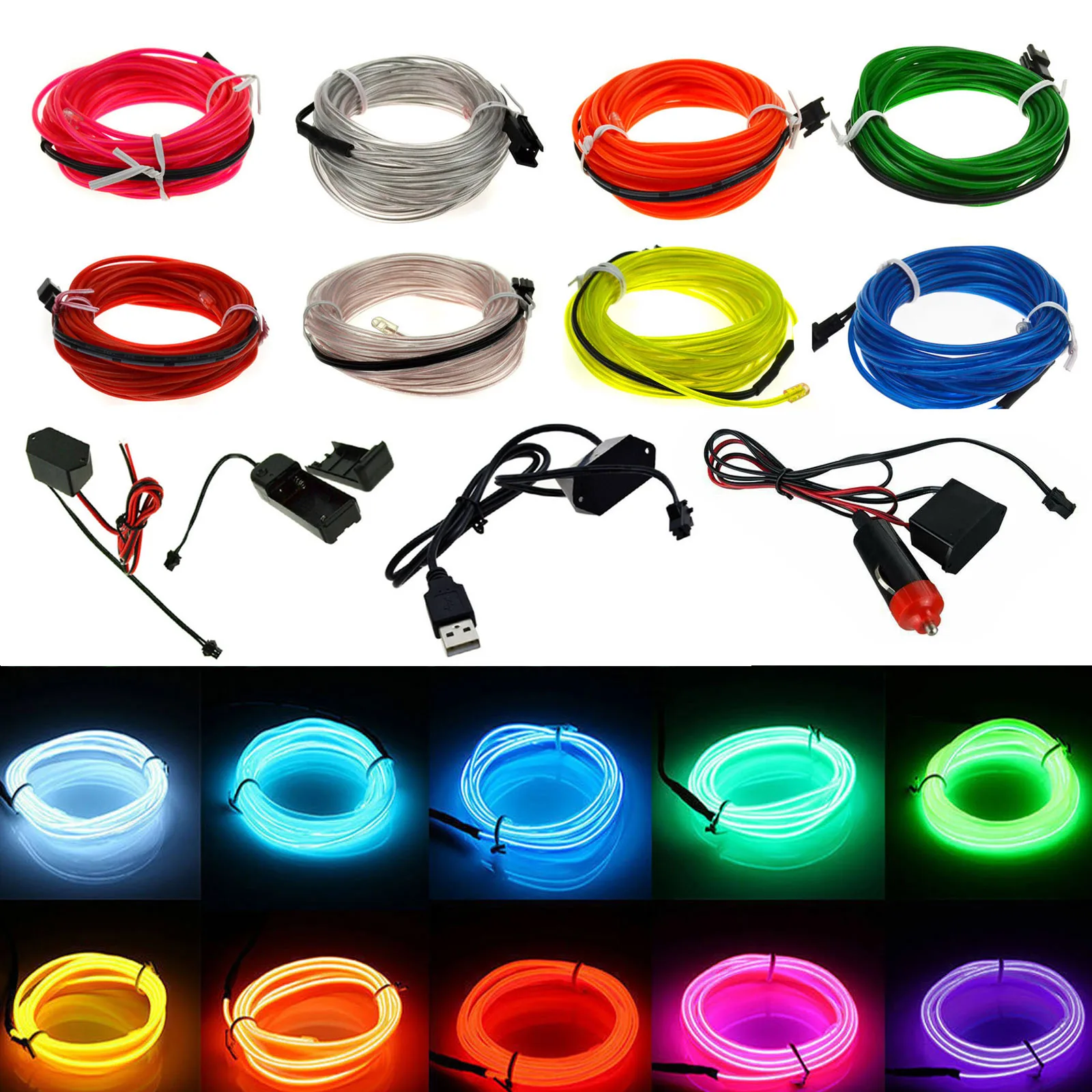 Flexible Neon Glow Car Light EL Wire LED Waterproof Rope DIY Car, Party, Room, Clothing Decoration, 1m, 2m, 3M, 4M, 5m [dengsum]usb led strip lamp 2835smd dc5v flexible led light tape ribbon 1m 2m 3m 4m 5m hdtv tv desktop screen bias lighting