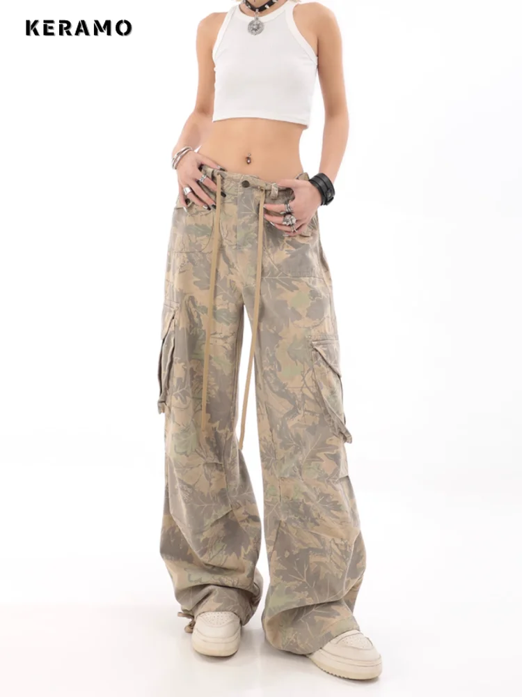 

American Retro Women's Y2K Wide Leg Elastic Waist Drawstring Baggy Cargo Pants Street Mopping Sweatpant Casual Daily Trousers