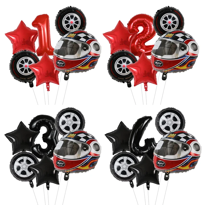 6Pcs Rennen Auto Motto Party Decor Motorrad Helm Reifen Rad Folie Ballons Junge Hot Wheels Geburtstag Liefert Zwei schnelle Geburtstag
